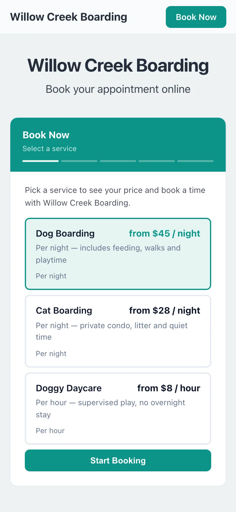 Willow Creek Boarding booking form on a phone (demo business): Dog Boarding, Cat Boarding, Doggy Daycare, each with its price, and Dog Boarding selected.