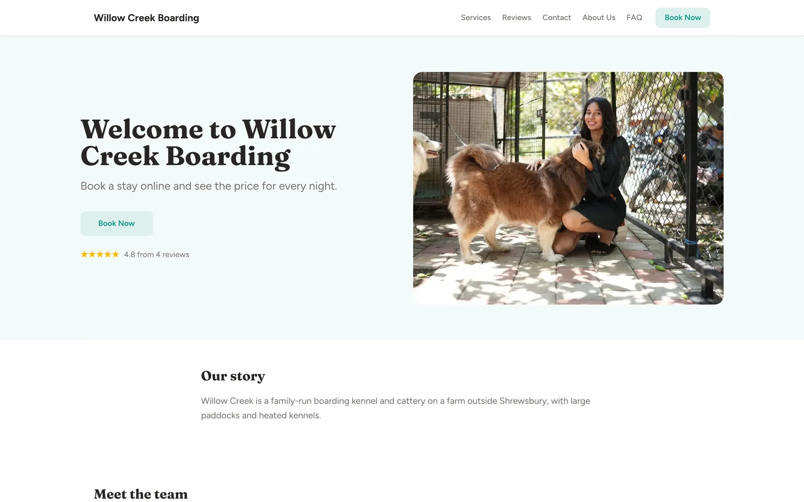 The home page of the Willow Creek Boarding website (demo business), built with the Warm template, with a photo of the trade in the hero and a Book now button.