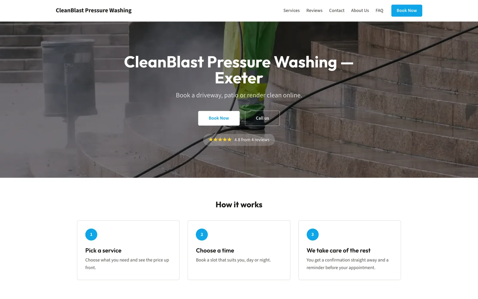 The home page of the CleanBlast Pressure Washing website (demo business), built with the Trade template, with a photo of the trade in the hero and a Book now button.