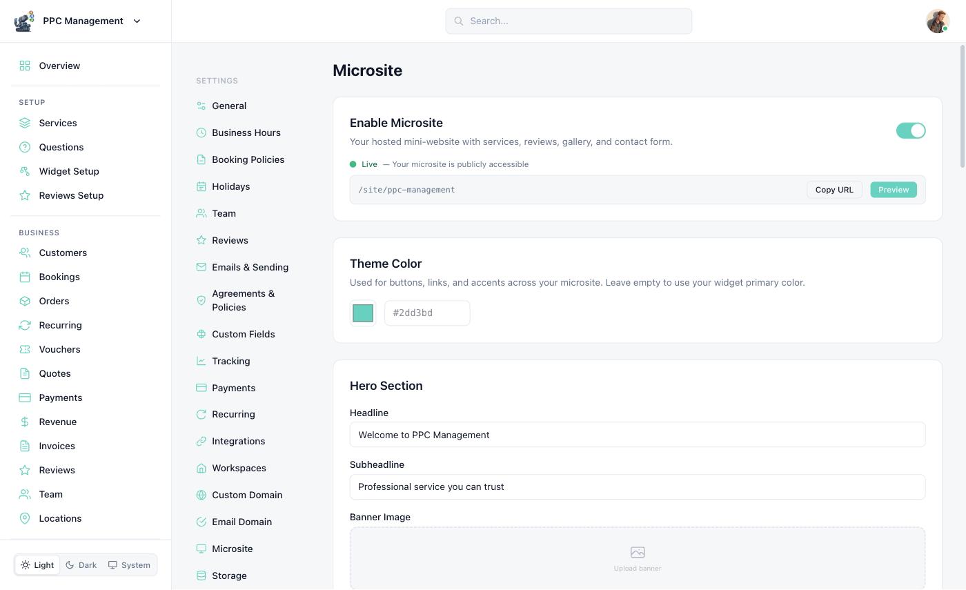Settings > Microsite with the site enabled: a Live indicator and the /site/ URL with Copy URL and Preview buttons, the theme colour picker, and the hero headline, subheadline and banner image fields.