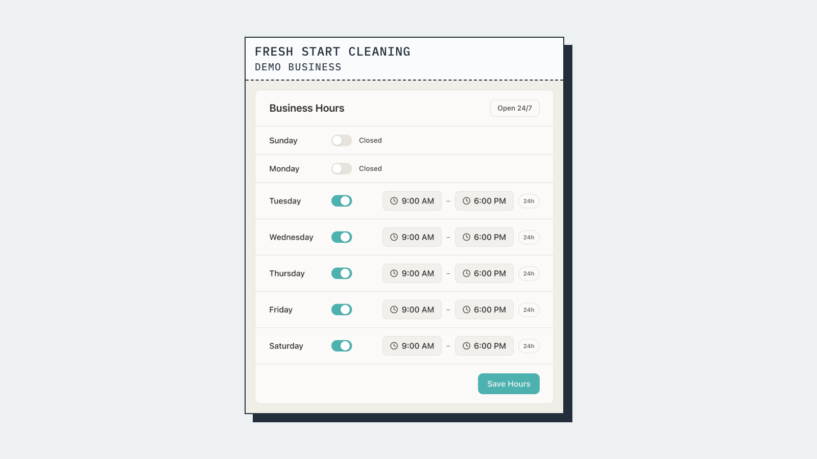 Business Hours: a switch for each day of the week with opening and closing times. Fresh Start Cleaning is a made-up demo business; the figures are demo data.