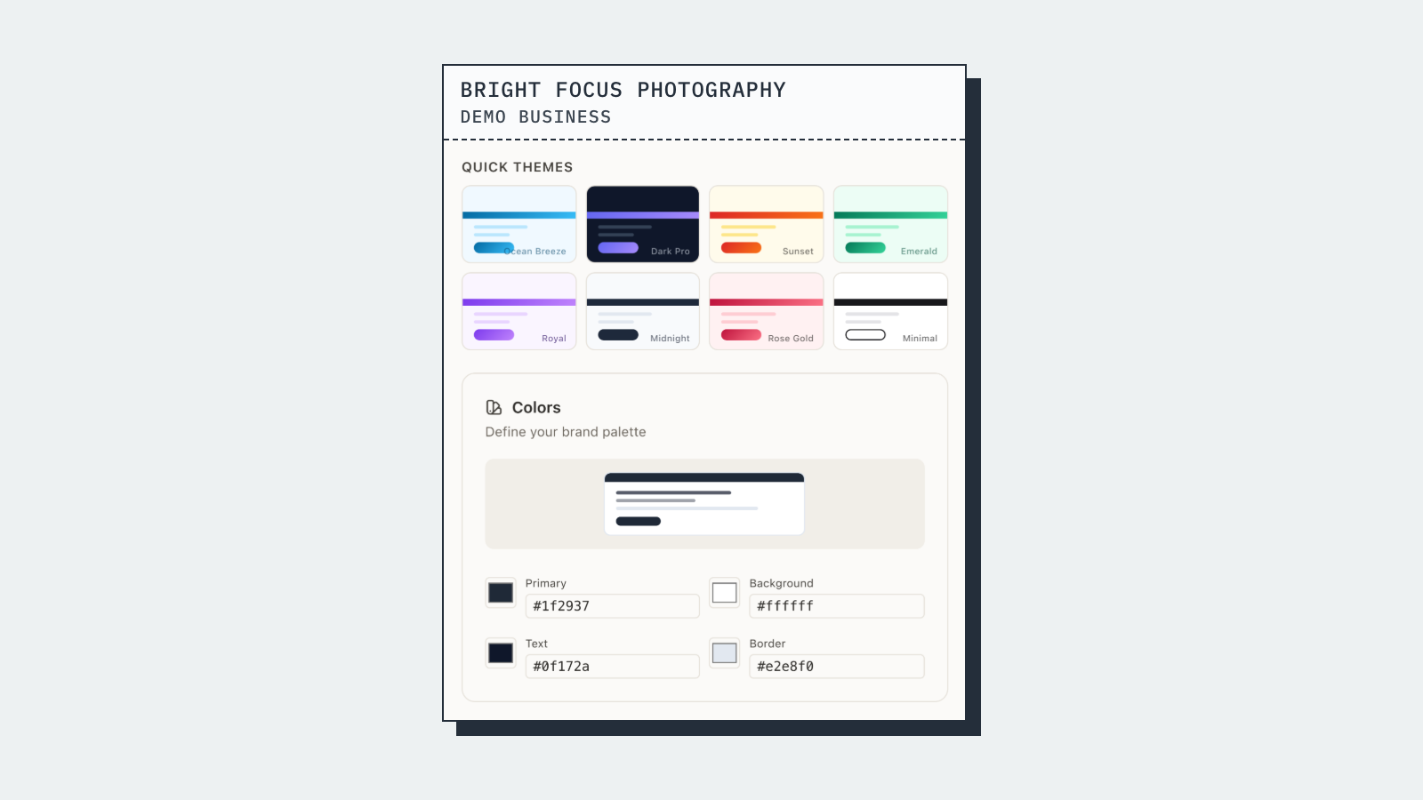 Widget design: eight quick themes and the four brand colours. Bright Focus Photography is a made-up demo business; the figures are demo data.