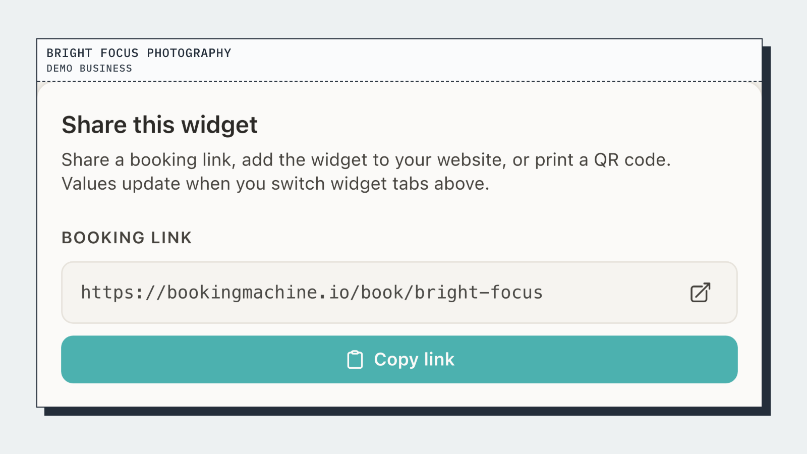 Share this widget: the booking link with Copy link. Bright Focus Photography is a made-up demo business; the figures are demo data.