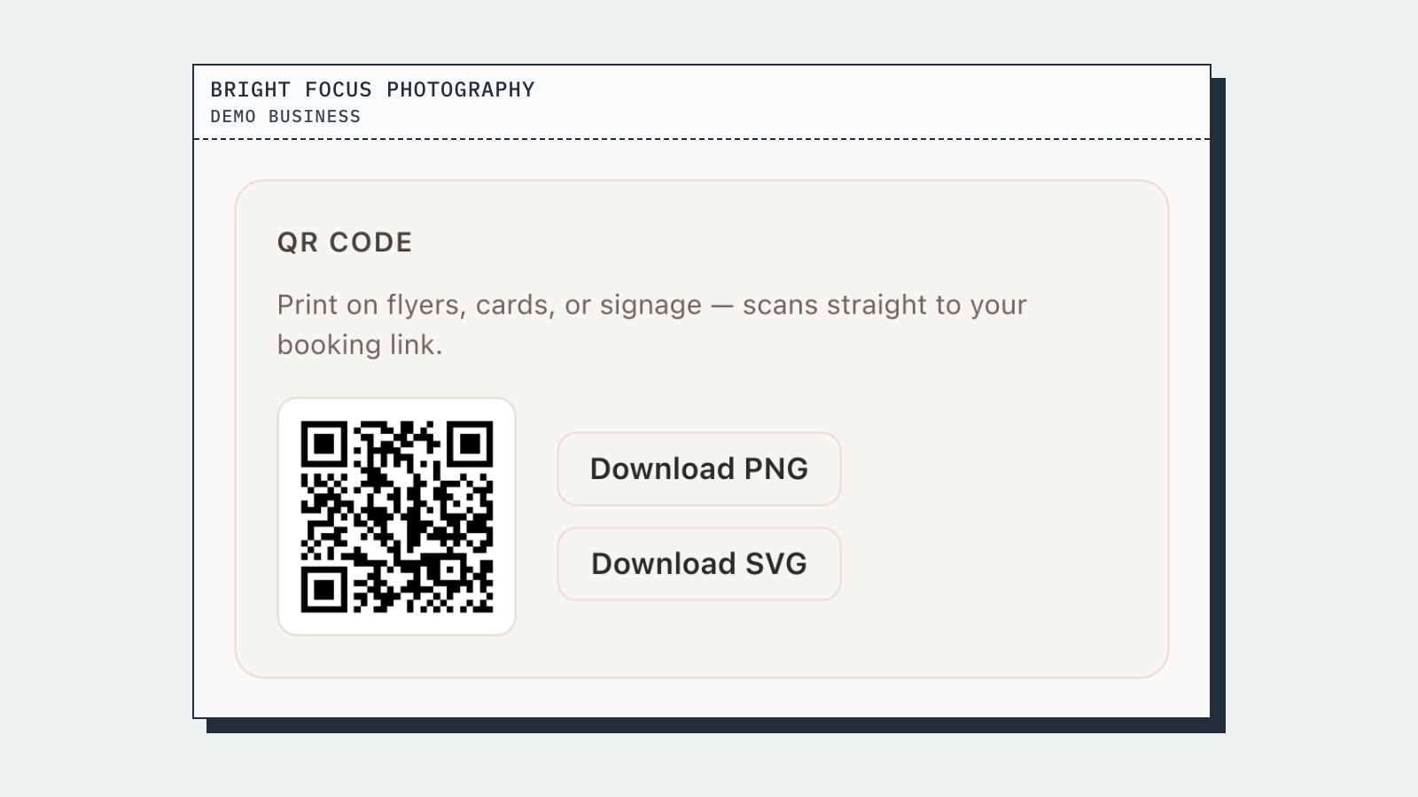 The QR code for the booking link, with Download PNG and SVG. Bright Focus Photography is a made-up demo business; the figures are demo data.