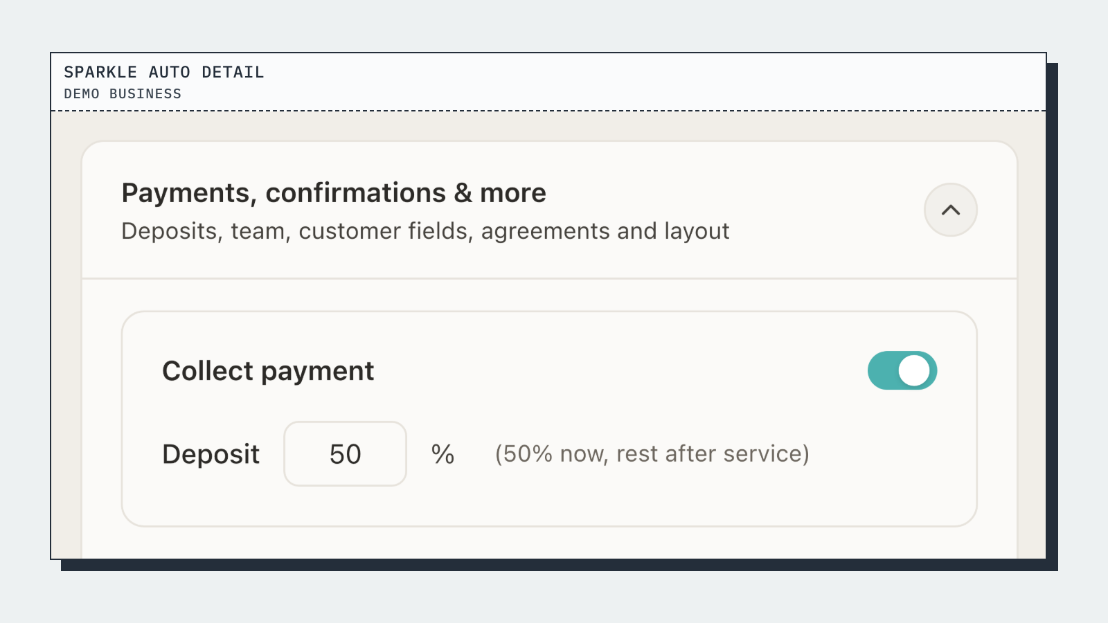 Collect payment switched on with a 50% deposit: "50% now, rest after service" (a setting; this demo business has not connected Stripe). Sparkle Auto Detail is a made-up demo business; the figures are demo data.