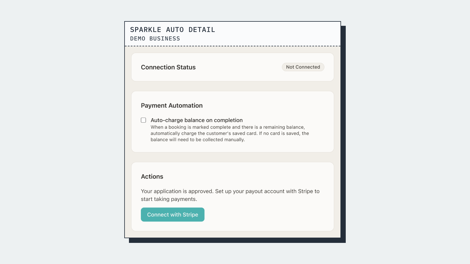 Payment settings: connection status, auto-charge the balance on completion, Connect with Stripe. Sparkle Auto Detail is a made-up demo business; the figures are demo data.