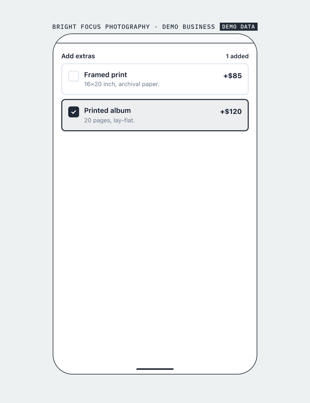 Add extras: two add-ons with prices, "Printed album" ticked. Bright Focus Photography is a made-up demo business; the figures are demo data.