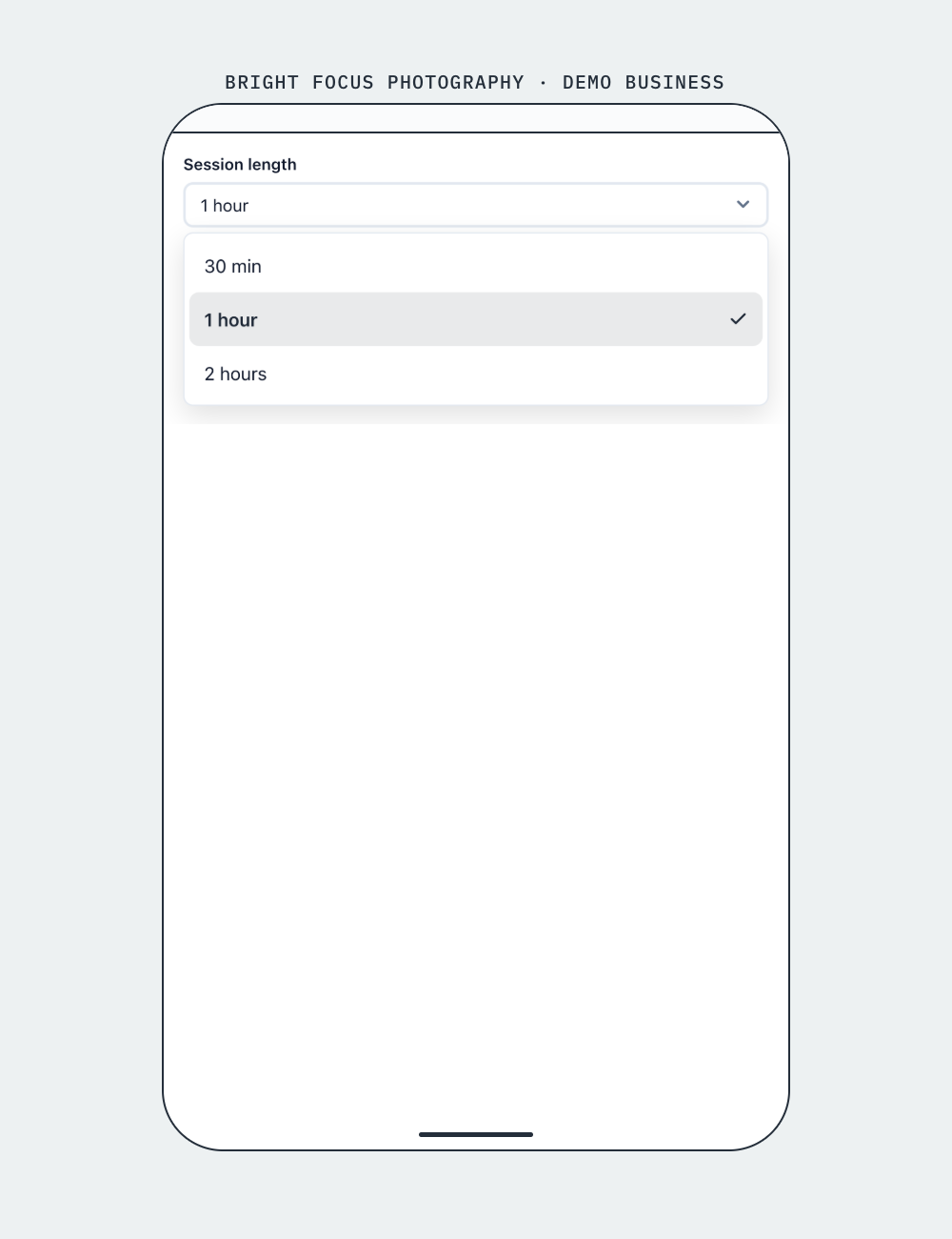 A price variable in the form: the Session length dropdown open on 30 min, 1 hour, 2 hours. Bright Focus Photography is a made-up demo business; the figures are demo data.