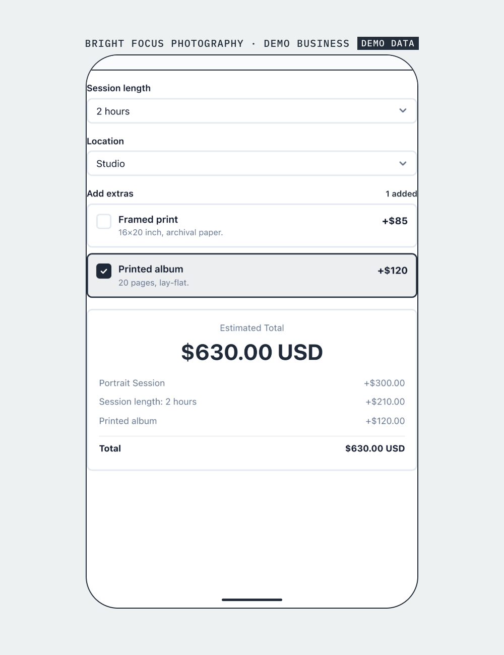 The quote step whole: options, a ticked add-on and the Estimated Total itemised. Bright Focus Photography is a made-up demo business; the figures are demo data.