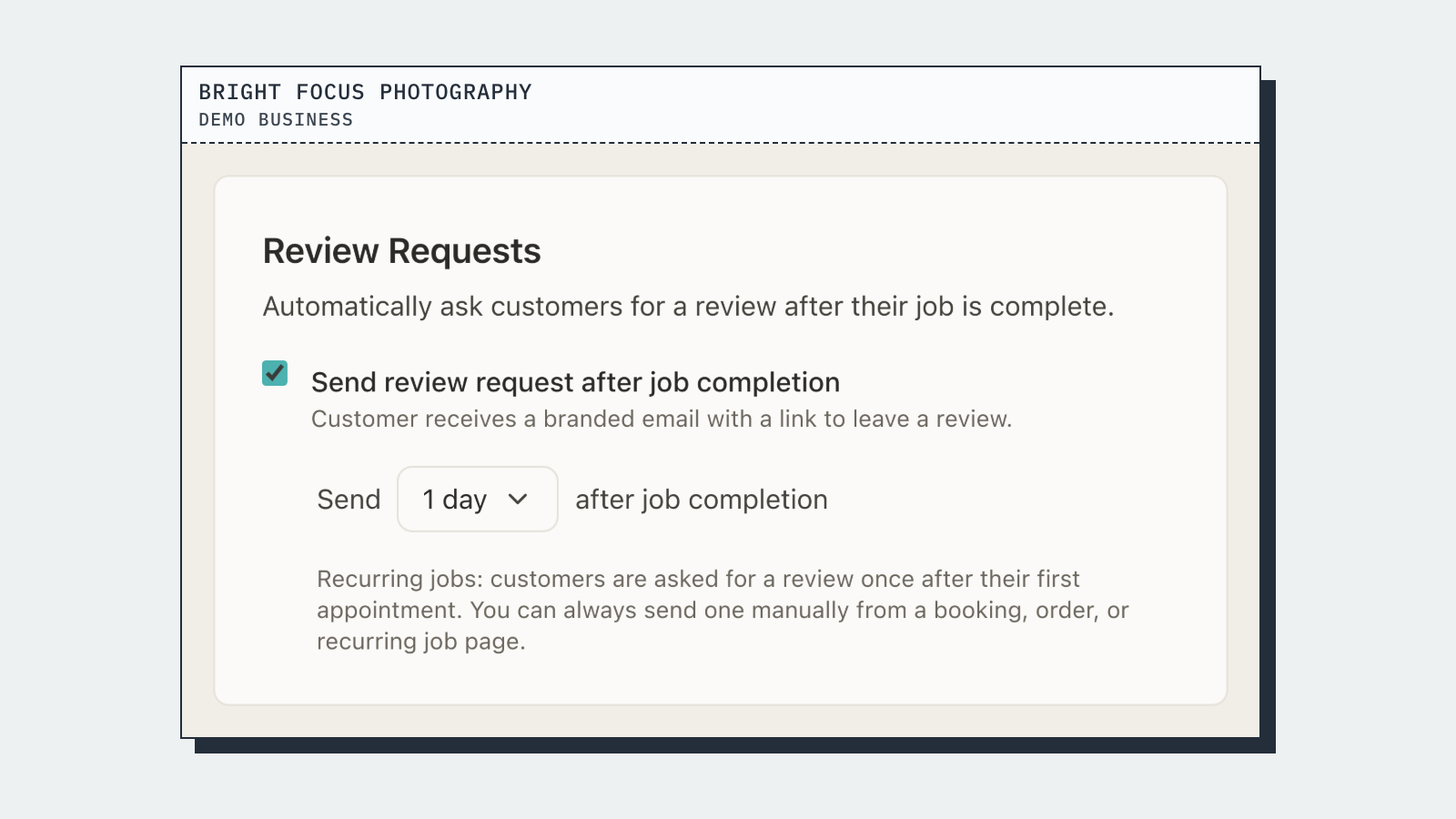 Review Requests: "Send review request after job completion", sent 1 day after. Bright Focus Photography is a made-up demo business; the figures are demo data.