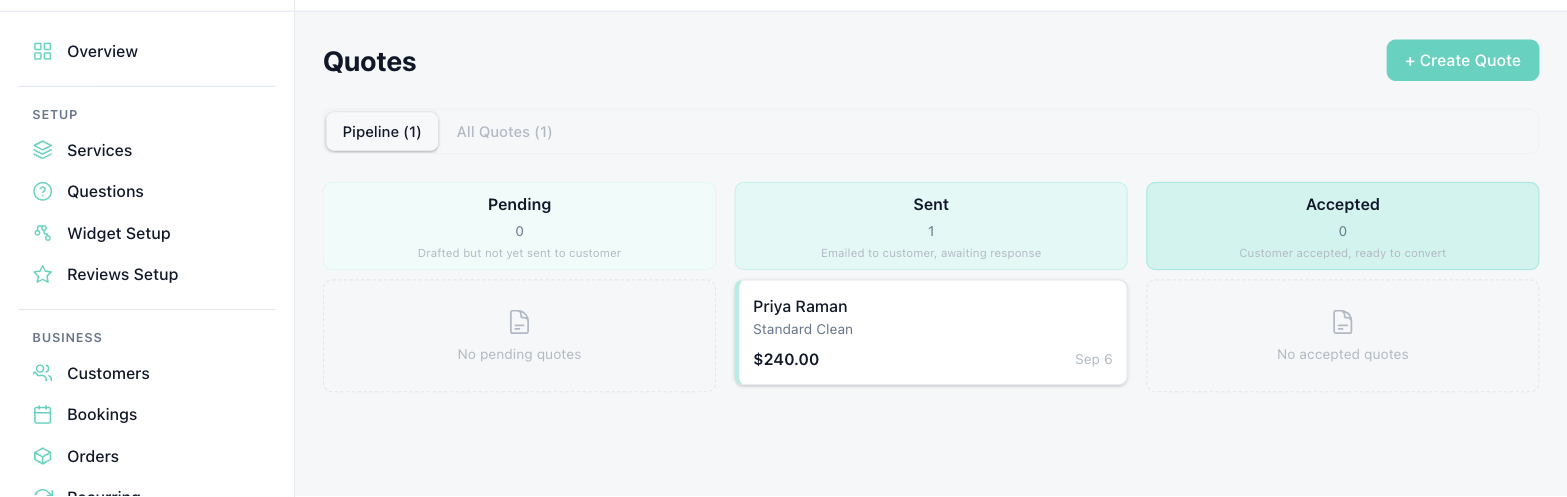 The Quotes pipeline: Pending, Sent and Accepted columns, with a quote card showing the customer, service, value and date in the Sent column.