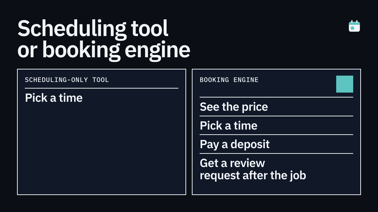 Two sides. Left, a scheduling-only tool: pick a time. Right, a booking engine: see the price, pick a time, pay a deposit, get a review request after the job.